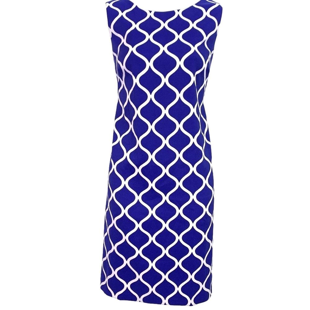 Alyx Sheath Womens Knee Length Stretch Blue White Print Sleeveless Dress sz 6